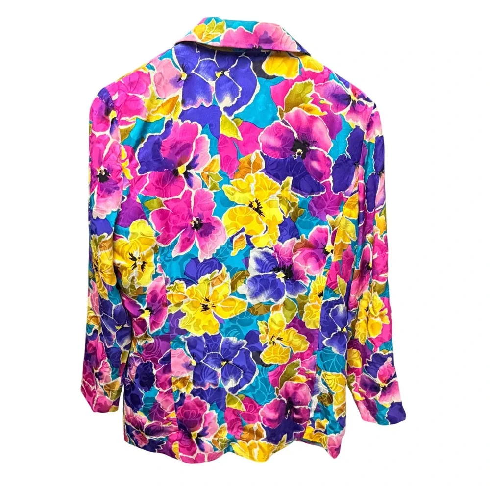 Vintage 100% Silk Floral Blazer Medium Multi Color‎ Dopamine 90s Career Luxury